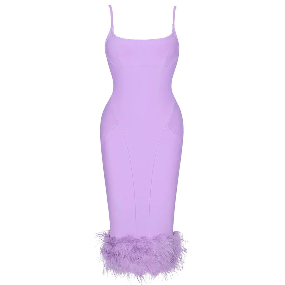 Elegant Deep Lavender Bandage Body-Con Midi Dress with Feather Detail.  NWT. - Picture 3 of 4